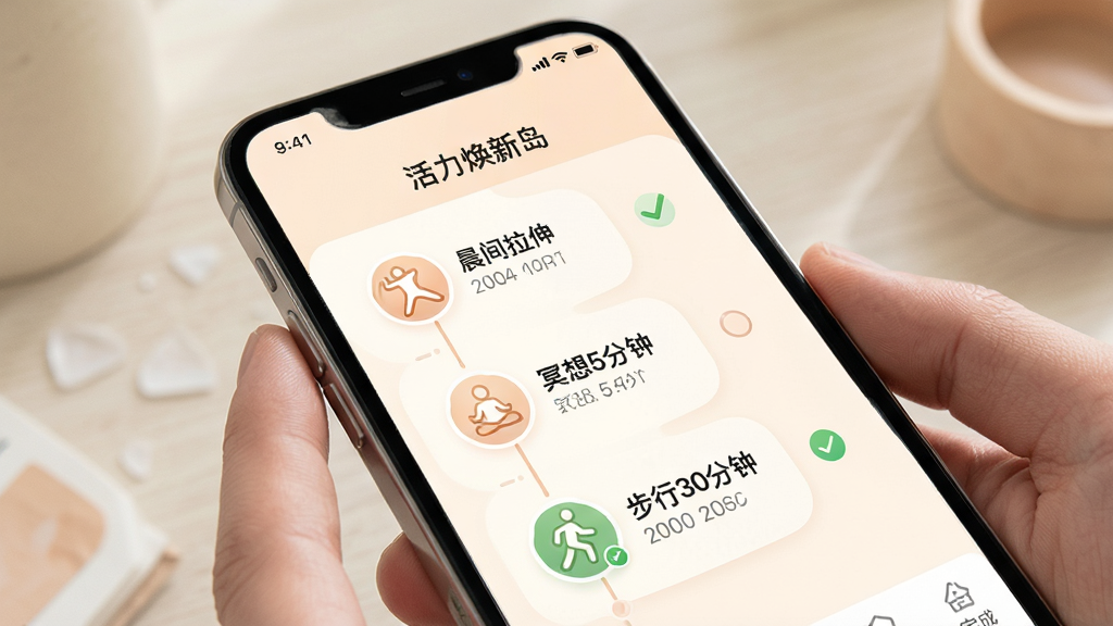 一张展示“活力焕新岛”个性化计划页面的图片,主体为手机屏幕,屏幕内显示每日任务清单如“晨间拉伸”“冥想5分钟”“步行30分钟”,布局采用时间轴样式,排版错落有致,风格柔和温暖,细节上体现任务图标精致、完成状态清晰,画质高清干净,无多余元素。