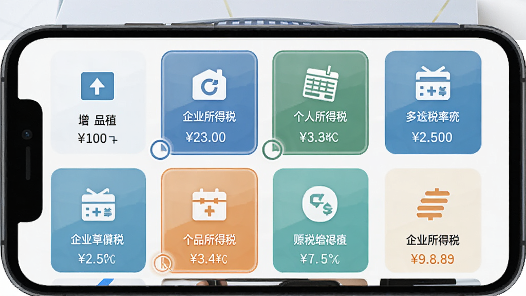 财税在线计算器多税种选择界面,手机屏幕展示多个税种图标排列,包括增值税、企业所得税、个人所得税等,布局为网格状,风格扁平化商务风,细节有选中高亮效果和税率数字,画质清晰,干净,无多余元素