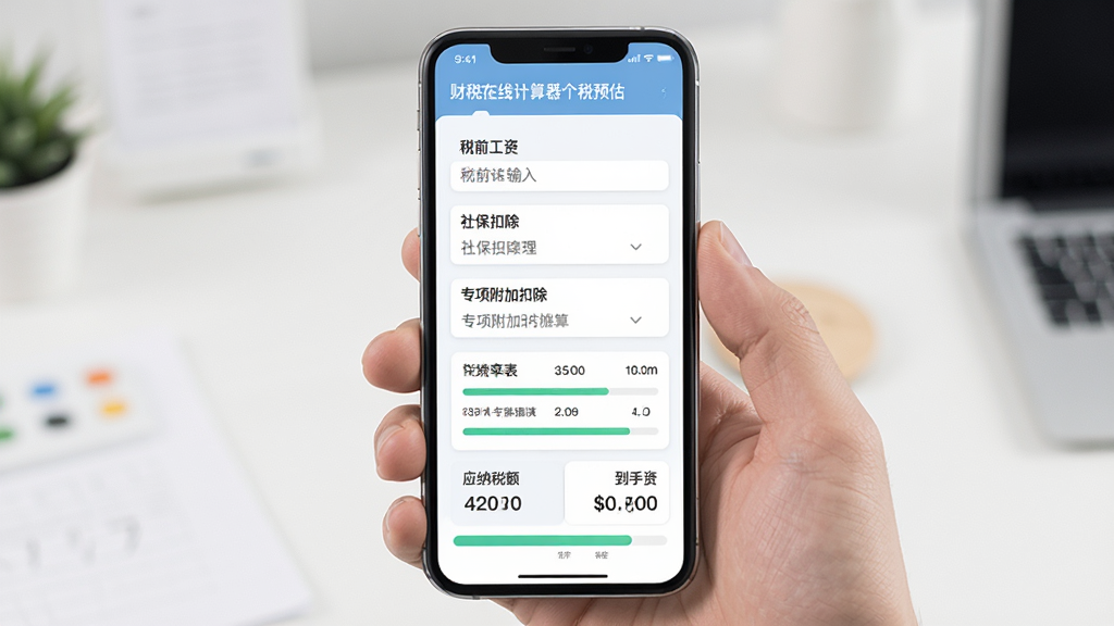 财税在线计算器个税预估界面,手机屏幕展示税前工资输入、社保扣除、专项附加扣除等字段,下方显示应纳税额和到手工资,布局为表单式,风格清爽浅色,细节有税率表和进度条,画质清晰,干净,无多余元素