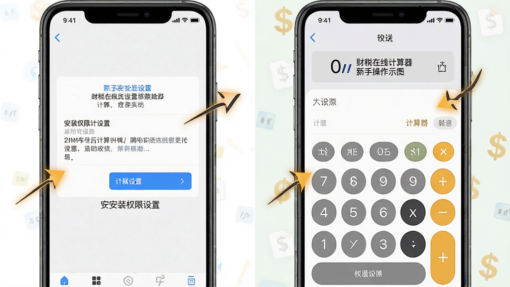 财税在线计算器新手操作示意图,手机屏幕展示安装权限设置界面和计算器主界面并排,布局左右对比,风格简洁教程风,细节有箭头指示和提示文字,画质清晰,干净,无多余元素