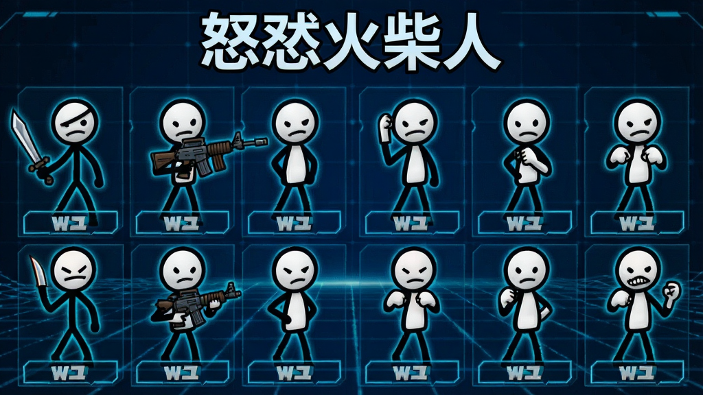 游戏角色选择界面截图风格,画面分成左右两排,展示八个不同造型的火柴人角色,有的拿刀有的拿枪有的赤手空拳,每个角色下方有名字标签,背景是深蓝色科技感网格,顶部居中写着“怒怼火柴人”五个大字,整体画质清晰,线条锐利,无文字乱码