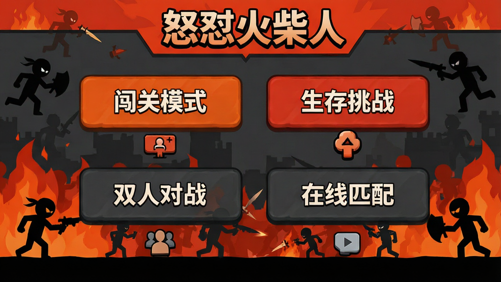 游戏模式选择界面图,画面中央有四个大按钮分别写着“闯关模式”“生存挑战”“双人对战”“在线匹配”,按钮下方有对应的小图标,背景是火柴人剪影组成的战斗场景,顶部有“怒怼火柴人”标题,整体风格简洁明快,色彩以橙红和深灰为主,画质清晰