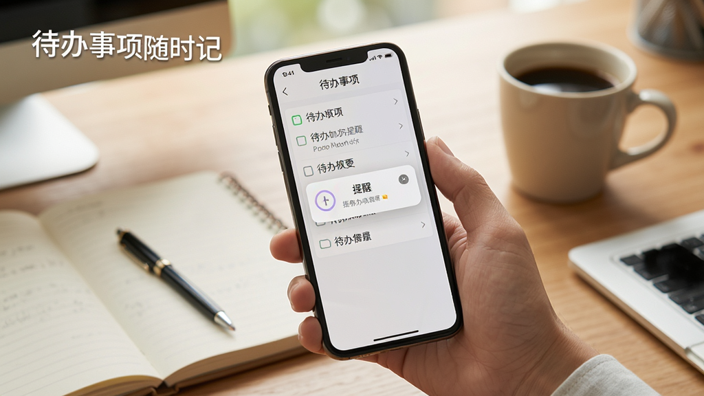 待办事项随时记手机端使用场景图,画面中一只手拿着手机,手机屏幕上显示待办列表和提醒弹窗,背景是办公桌面环境,有笔记本、咖啡杯等元素,整体色调温暖自然,风格写实,画质清晰,画面中有