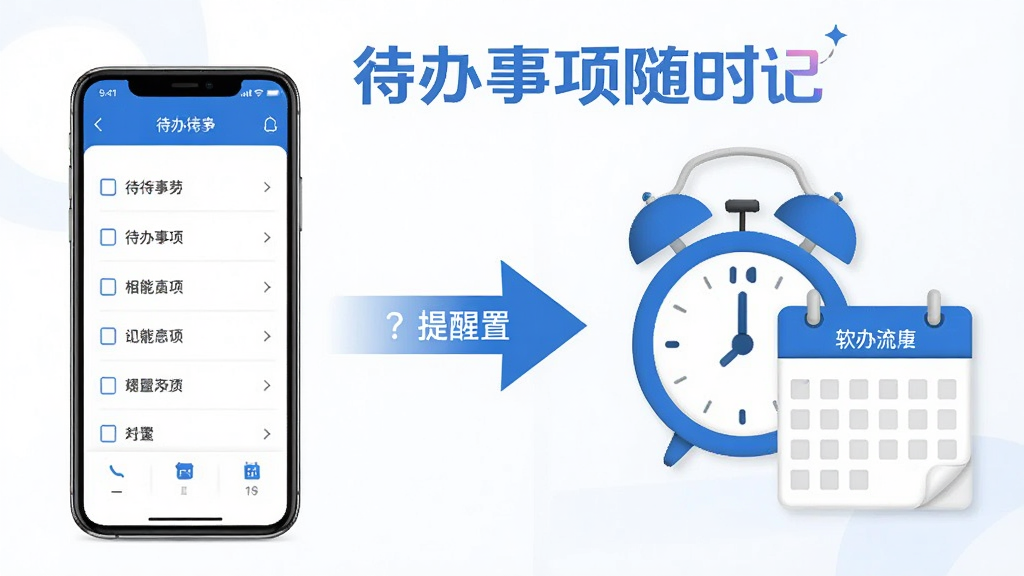 待办事项随时记软件功能展示图,画面左侧是一部手机显示待办列表,右侧是闹钟和日历元素组合,中间用箭头连接表示提醒设置流程,整体风格简约商务,蓝色和白色为主色调,画面中有