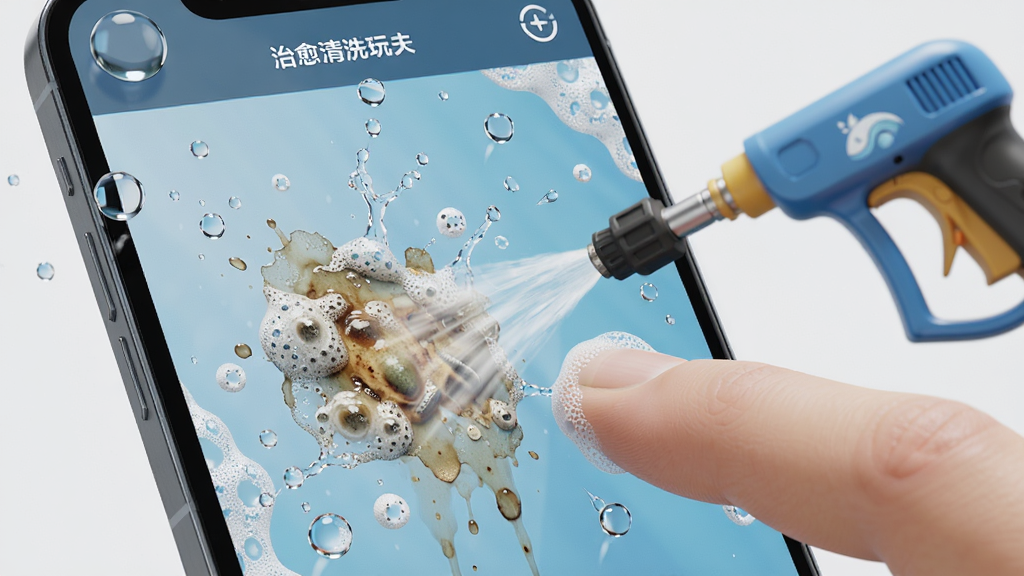 一张展示“治愈清洗”软件内部清洁玩法的细节图,画面主体为一只手指正在擦拭带有泡沫的手机屏幕,屏幕内显示高压水枪冲洗污渍的效果,布局为特写镜头,风格为3D渲染写实,细节包括水珠飞溅与泡沫纹理,画质高清,背景干净无杂物