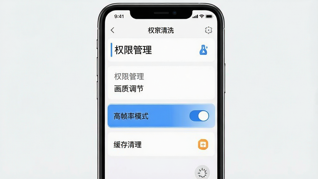 一张展示“治愈清洗”软件设置界面的示意图,画面中手机屏幕显示权限管理、画质调节与缓存清理选项,布局为纵向列表排版,风格为极简清新,细节包括蓝色高亮的“高帧率模式”开关,画质清晰,背景为纯色,无多余装饰