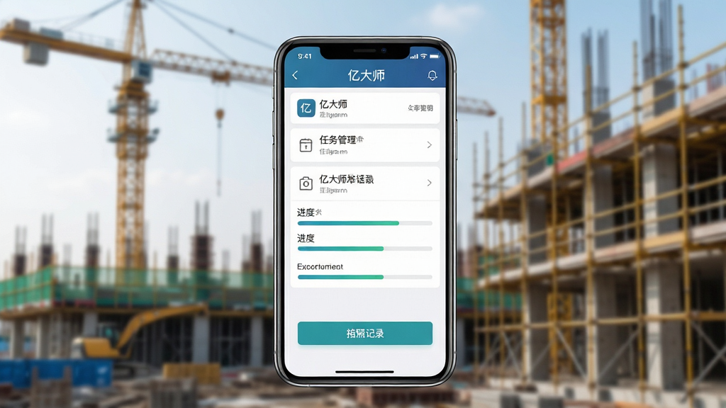 亿大师软件主界面展示图,画面中央放置一部智能手机,手机屏幕上显示施工管理应用界面,包含任务列表、进度条和拍照记录按钮。背景为现代建筑工地场景,塔吊和脚手架隐约可见。布局采用居中构图,手机屏幕内容清晰突出。风格为写实科技感,细节包括手机边缘反光、屏幕UI图标精细、工地背景虚化处理。画质高清,干净简洁,无多余元素,图片中文字为“亿大师”。