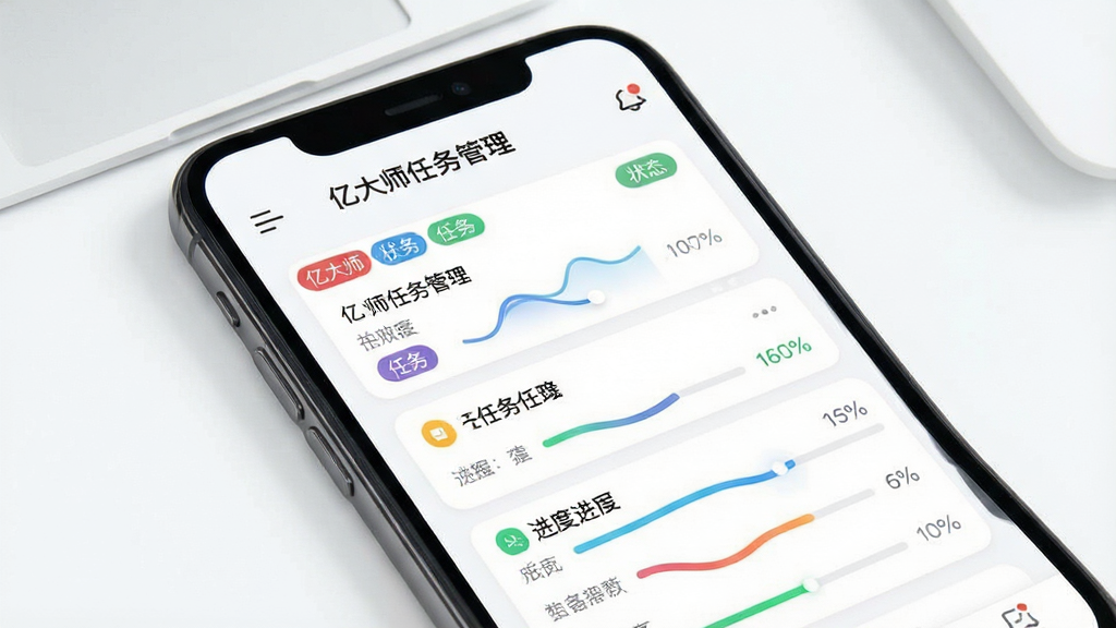 亿大师任务派发与进度跟踪界面图,画面展示手机屏幕中任务列表和进度看板,包含不同颜色的状态标签和进度条。布局为手机UI展示,屏幕内容清晰可读。风格为现代办公软件界面风格,细节包括任务卡片圆角设计、进度条动态效果、状态标签颜色区分明显。画质高清,干净整洁,图片中文字为“亿大师任务管理”。
