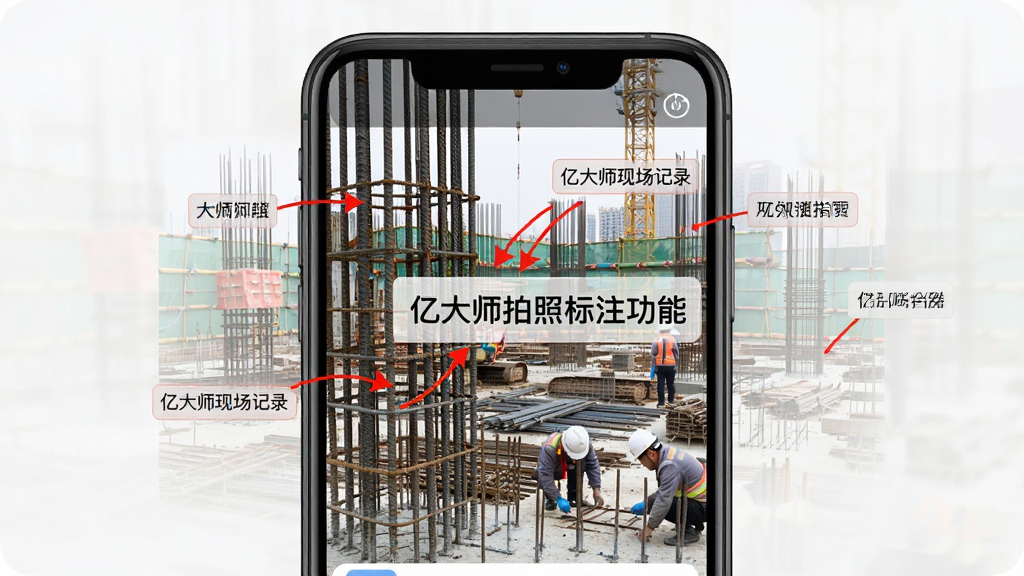 亿大师现场拍照标注功能展示图,画面展示手机屏幕中一张工地现场照片,照片上有红色箭头标注和文字说明框。布局为手机特写,屏幕内容占据画面主要位置。风格为功能演示类UI截图风格,细节包括照片中的钢筋结构、标注线条清晰、文字框为半透明底色。画质高清,干净利落,图片中文字为“亿大师现场记录”。