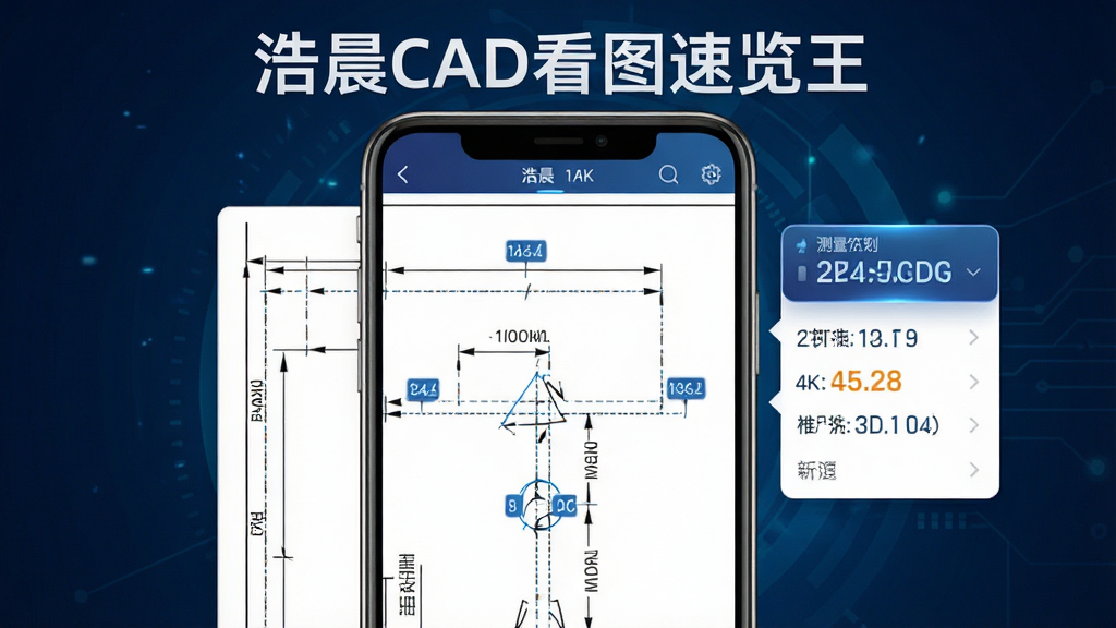 一张展示浩晨CAD看图速览王测量与标注功能的图片,主体为手机屏幕显示CAD图纸,图纸上有测量线段和角度标注,旁边有浮动工具栏显示测量结果,布局为手机居中,背景为深色科技蓝渐变,排版上测量数据高亮显示,风格为UI界面展示图,细节包括测量线的虚线样式和数值标签,画质为2K高清,干净无多余元素,图片中文字为“浩晨CAD看图速览王”。