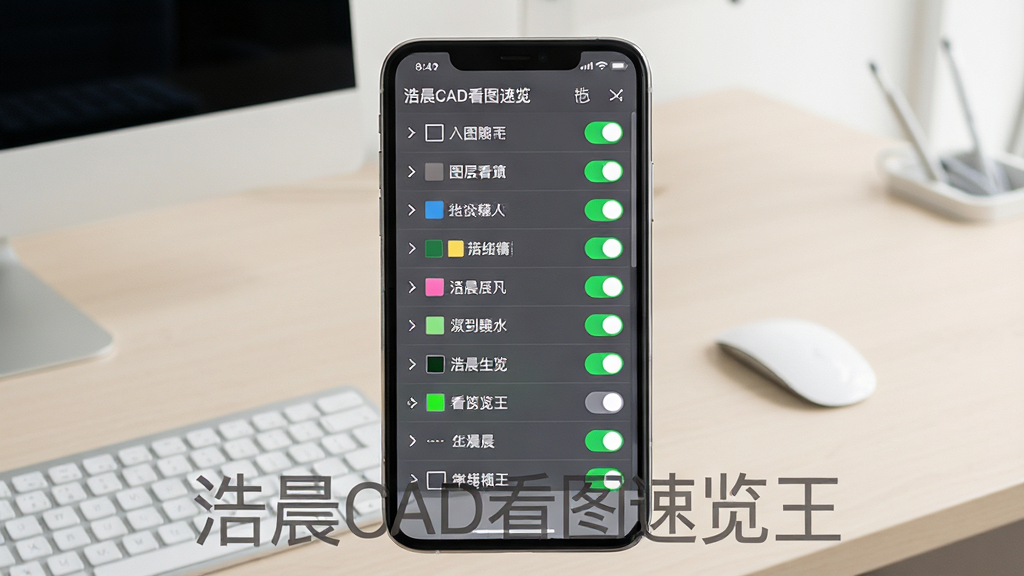 一张展示浩晨CAD看图速览王图层管理功能的图片,主体为手机屏幕显示图层列表界面,列表中有多个图层开关按钮和颜色标记,布局为手机居中,背景为浅色办公桌面,排版上图层列表清晰分层,风格为简洁UI设计,细节包括开关的绿色高亮状态和图层名称文字,画质为1080P高清,干净无多余元素,图片中文字为“浩晨CAD看图速览王”。