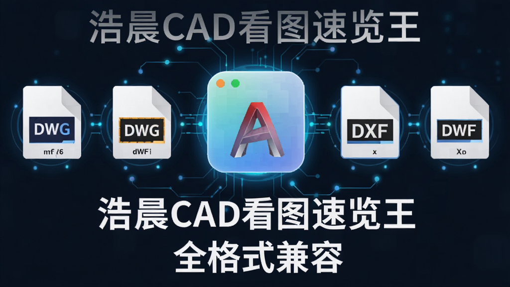 一张展示浩晨CAD看图速览王全格式兼容特性的图片,主体为软件图标与多种CAD文件格式图标(DWG、DXF、DWF)并列排列,布局为居中横向排列,排版上图标下方带有“全格式兼容”字样,风格为扁平化科技图标设计,细节包括图标间的连接线条和发光效果,画质为高清矢量风格,干净无多余元素,图片中文字为“浩晨CAD看图速览王”和“全格式兼容”。