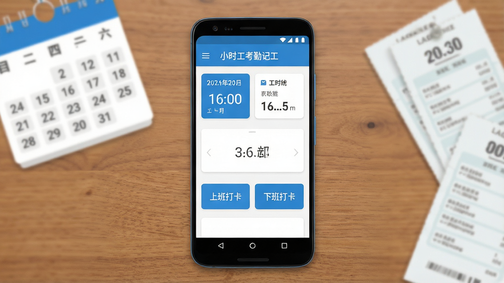 主体为一部安卓手机放在木质桌面上,屏幕显示“小时工考勤记工”App的考勤打卡页面,上方有日期和工时统计卡片,下方有上班打卡、下班打卡两个大按钮,背景有日历和工资条元素点缀,布局居中对称,风格为清爽扁平化UI设计,细节包括时间数字、蓝色主色调、白色卡片,画质高清,干净无多余元素