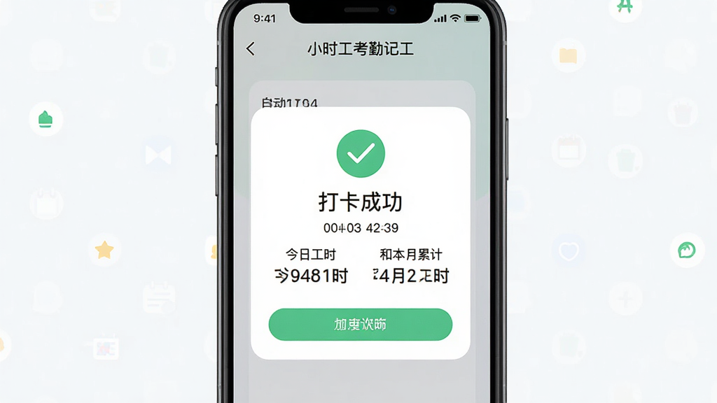 主体为“小时工考勤记工”App的打卡成功弹窗界面,布局为手机屏幕特写居中,排版显示绿色对勾和“打卡成功”文字,下方显示今日工时和本月累计工时数字,风格为清新简约扁平化,细节包括时间戳、圆角按钮、浅色背景,画质高清,干净无多余元素