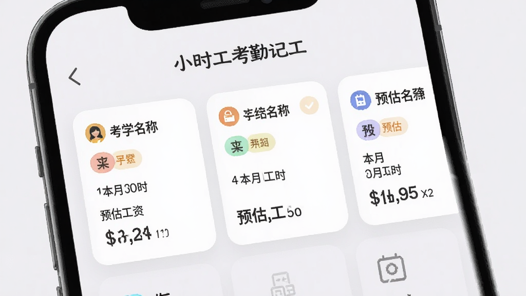 主体为“小时工考勤记工”App的多工作项目管理界面,布局为手机屏幕展示三个工作卡片并列排列,排版每张卡片显示工作名称、本月工时和预估工资,风格为柔和圆角卡片设计,细节包括彩色标签、图标区分、浅灰背景,画质高清,干净无多余元素