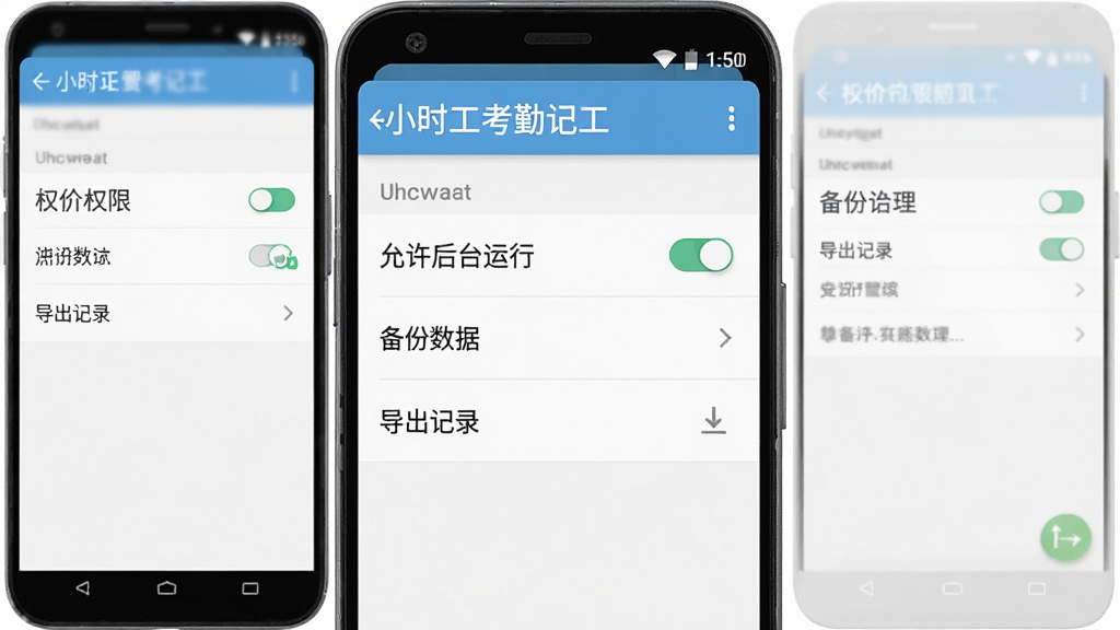 主体为“小时工考勤记工”App在安卓手机上的设置页面截图,布局为手机屏幕展示权限管理和备份选项列表,排版有“允许后台运行”“备份数据”“导出记录”等菜单项,风格为浅色极简商务风,细节包括开关按钮、箭头图标、灰色分割线,画质高清,干净无多余元素