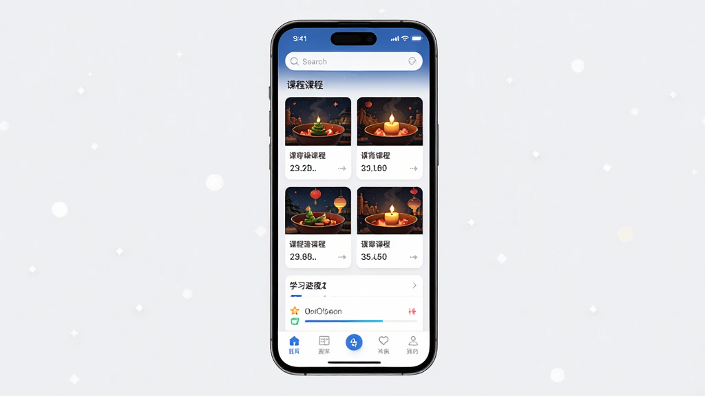元宵上岸软件主界面全貌展示,主体为一部手机屏幕,屏幕内呈现课程列表与学习进度条,布局居中,排版清晰,风格为现代简约教育类应用界面,细节包括顶部搜索栏、中部课程卡片、底部导航栏,画质高清,干净,无多余元素