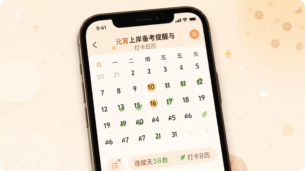 元宵上岸备考提醒与打卡日历界面,主体为手机屏幕,屏幕内显示月历视图与打卡标记,布局居中,排版清晰,风格为温馨学习类应用,细节包括日期数字、打卡圆点、连续天数统计,画质高清,干净,无多余元素