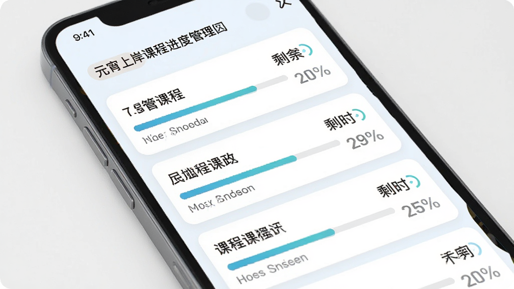 元宵上岸课程进度管理界面,主体为手机屏幕,屏幕内显示多条课程进度条与百分比数字,布局为竖向列表,排版整齐,风格为清爽浅色教育应用,细节包括课程名称、进度条、剩余课时提示,画质高清,干净,无多余元素