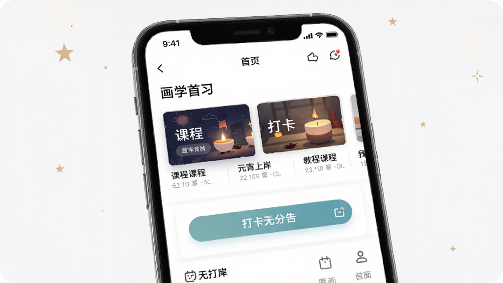 元宵上岸轻量无广告界面展示,主体为手机屏幕,屏幕内呈现简洁的学习首页,布局留白充足,排版极简,风格为纯净教育类应用,细节包括课程入口、打卡按钮、无广告横幅,画质高清,干净,无多余元素