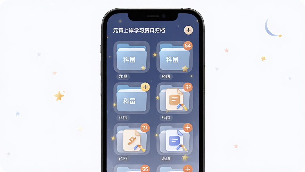 元宵上岸学习资料归档界面,主体为手机屏幕,屏幕内展示按科目分类的文件夹与文档图标,布局为网格状,排版有序,风格为柔和圆角教育类应用,细节包括科目标签、文件数量角标、添加按钮,画质高清,干净,无多余元素