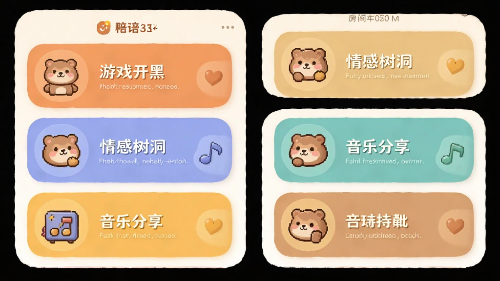 一张展示陪陪熊语音房间列表的手机截图,房间卡片上分别写着