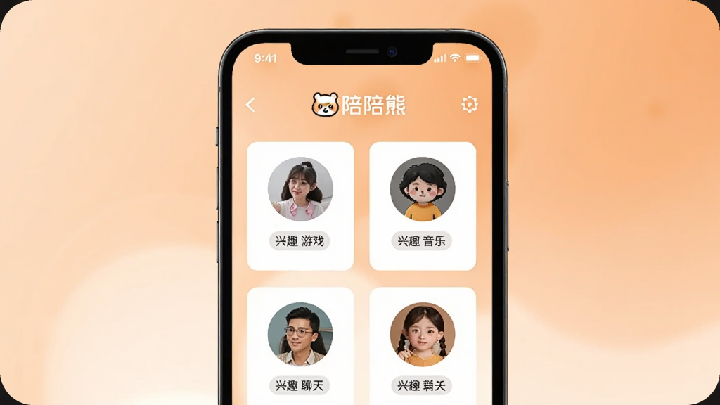 画面中央是一部智能手机,屏幕显示陪陪熊的智能匹配页面,多个用户头像卡片以圆形排列,卡片上标注兴趣标签如