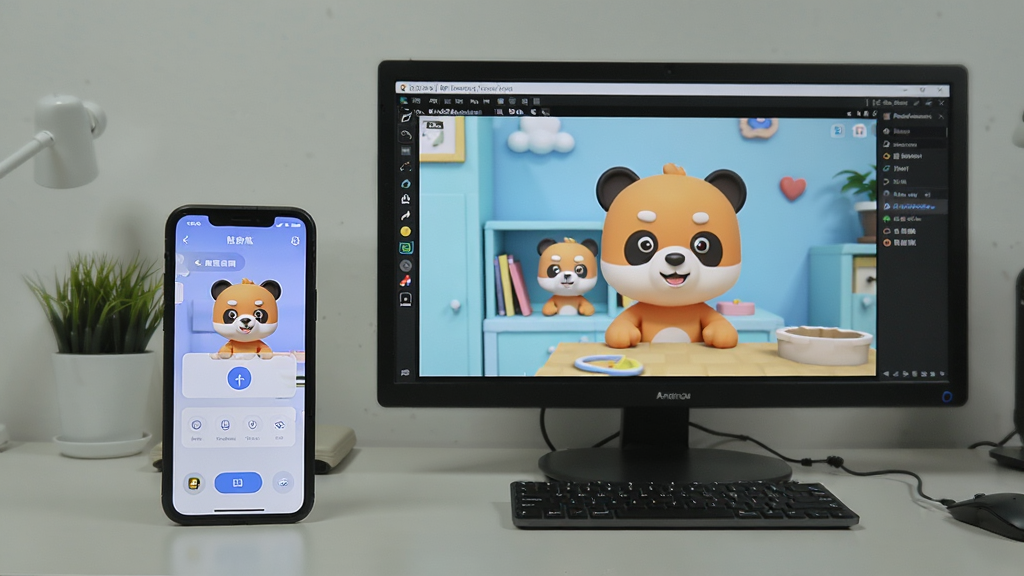 一部手机和一台电脑并排展示,手机屏幕显示陪陪熊语音房间界面,电脑屏幕显示安卓模拟器运行陪陪熊的画面,背景是简洁的桌面环境,画面风格写实清晰,突出多设备使用场景,适合软件教程配图