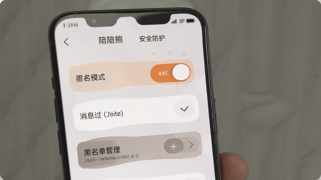 一部手机展示陪陪熊隐私设置页面,屏幕上有匿名模式开关、消息过滤选项和黑名单管理入口,界面设计简洁,配色以浅灰和橙色点缀为主,画面干净无杂乱元素,突出