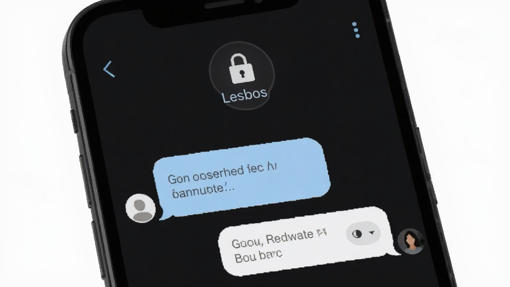 Lesbos应用内的私密聊天界面,手机屏幕显示两个用户的对话气泡,气泡颜色为浅蓝色和白色,屏幕上方有锁形图标表示加密保护,背景为深色模式,整体布局简洁,风格安全私密,画质高清,无多余元素