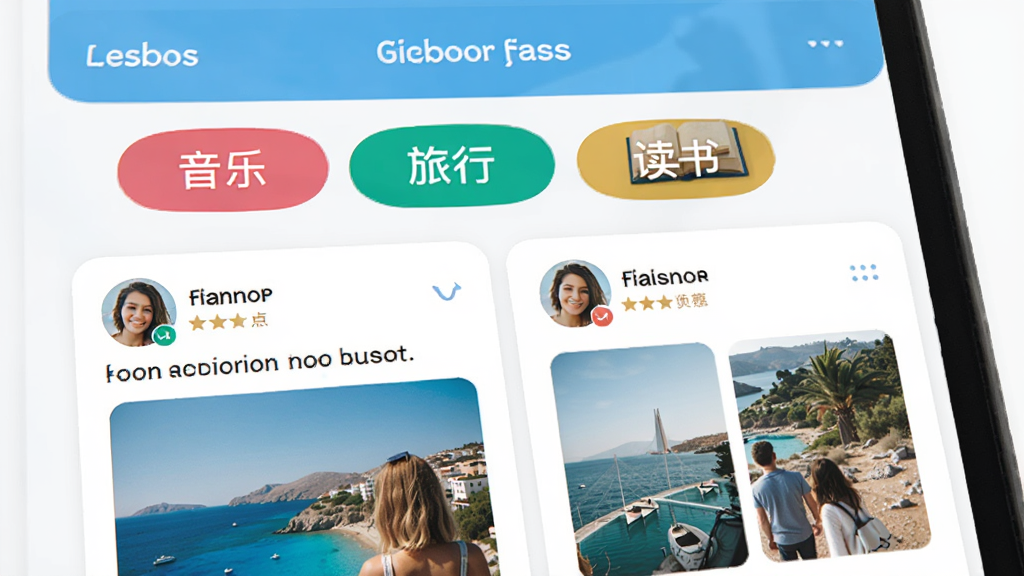 Lesbos应用内的兴趣圈子页面,手机屏幕显示多个彩色标签如“音乐”“旅行”“读书”,下方是用户发布的动态卡片,包含头像、文字和图片缩略图,整体排版整齐,风格活泼清新,画质清晰,无多余元素