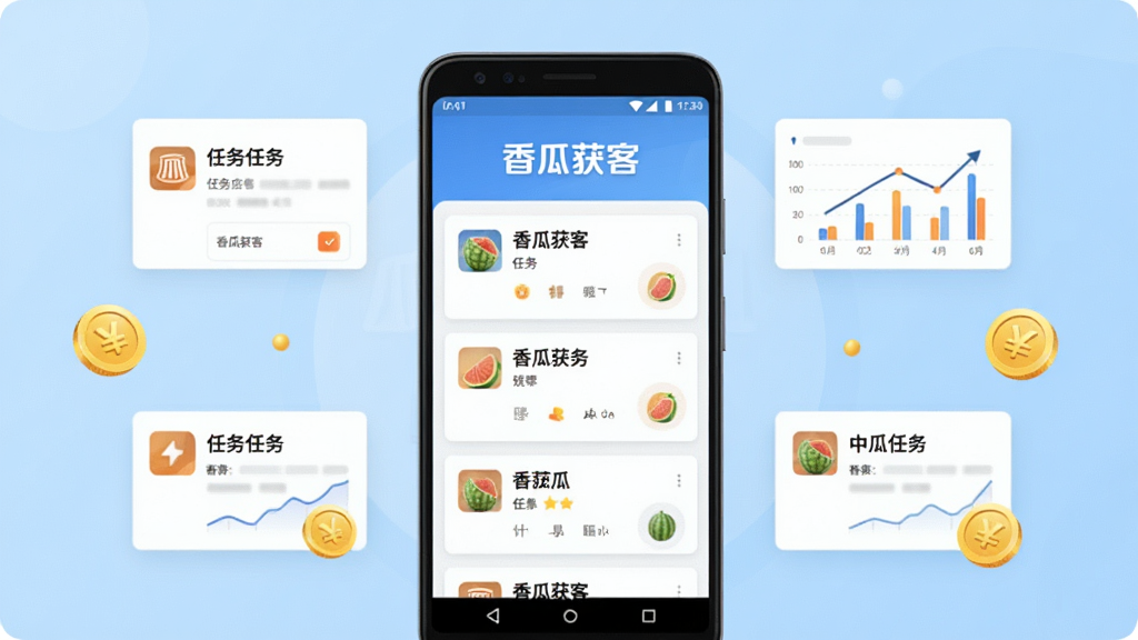 香瓜获客应用主界面展示,画面中央放置一部安卓手机,手机屏幕显示香瓜获客任务列表页面,上方有