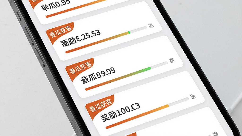 香瓜获客任务大厅界面特写,手机屏幕显示多条任务卡片纵向排列,每张卡片带有