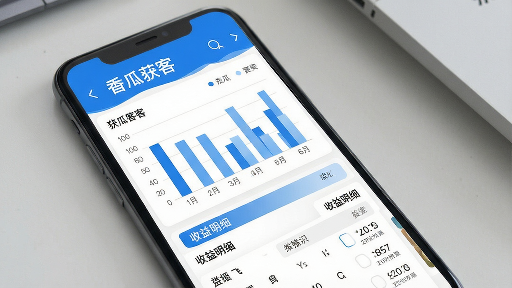香瓜获客数据统计页面示意图,手机屏幕展示柱状图和收益明细列表,页面顶部有