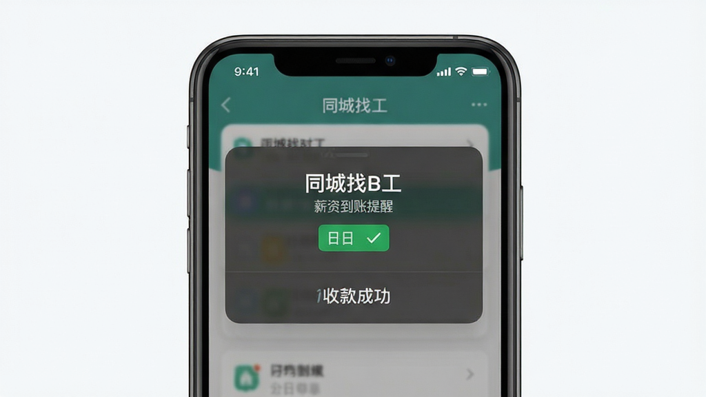 同城找零工 薪资到账提醒界面 手机弹窗显示收款成功 日结标签 绿色对勾 简洁明快 干净背景 高清画质