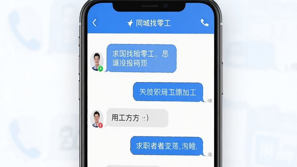 同城找零工 聊天对话界面 求职者与用工方沟通 文字气泡 电话图标 简洁布局 蓝色主题 高清画质