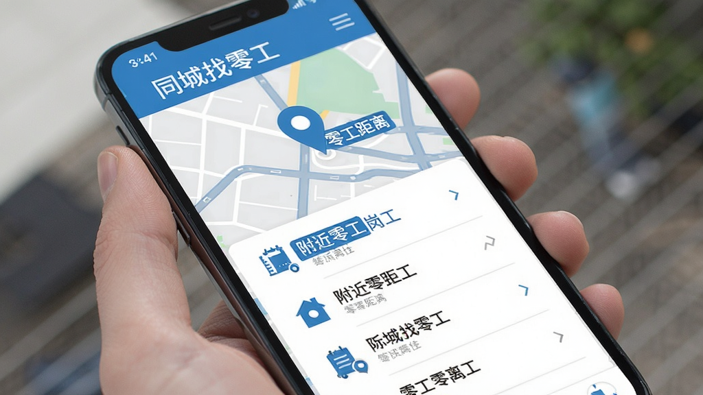 同城找零工 手机屏幕显示地图定位 附近零工岗位标记 距离显示 简洁列表 蓝色与白色搭配 现代扁平化设计 清晰易读 高清画质