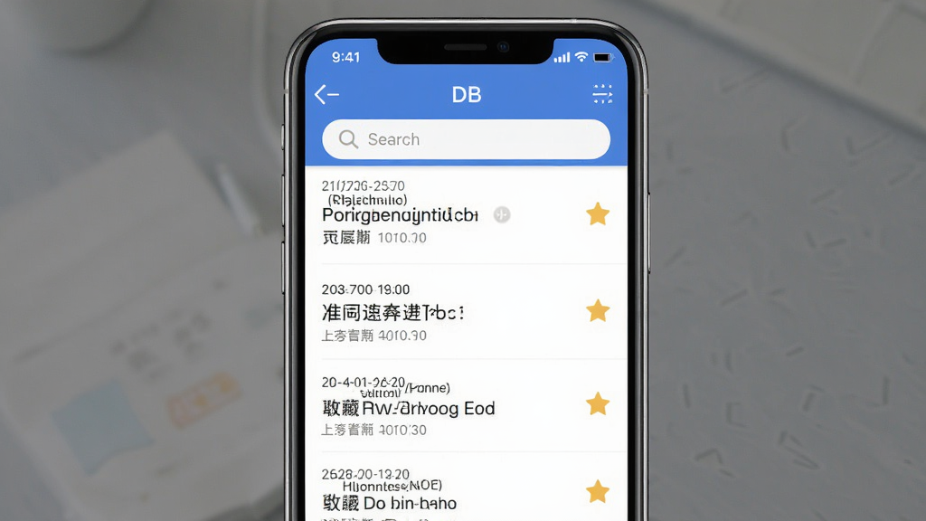 一张DB翻译历史记录与收藏功能界面图,画面中央是DB翻译APP的翻译历史列表页面,显示多条中英对照翻译记录和星标收藏图标,主体为手机屏幕,布局为纵向列表排版,风格为简约商务风,细节包括时间戳和搜索框,画质高清,画面干净,无多余元素