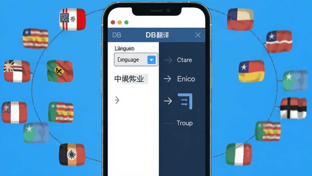 一张DB翻译多语言翻译功能展示图,画面中央是DB翻译软件界面,左侧输入中文右侧输出英文,周围环绕着多个国家的国旗小图标,主体为手机屏幕,布局左右分栏,排版清晰,风格为科技感扁平插画,细节包括语言下拉菜单和翻译箭头,画质高清,画面干净,无多余元素