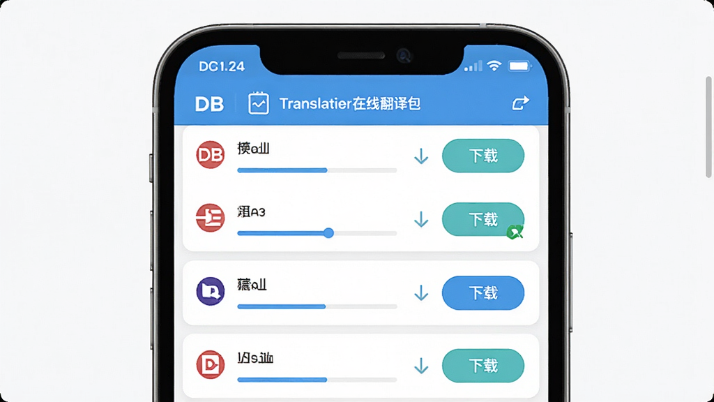 一张DB翻译离线翻译包下载界面图,画面中央是DB翻译APP的离线语言包管理页面,显示多个语言选项和下载按钮,主体为手机屏幕特写,布局为列表式排版,风格为清新浅色UI设计,细节包括下载进度条和已下载标记,画质高清,画面干净,无多余元素