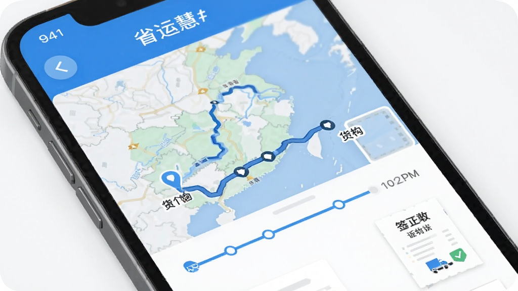 省运慧货物追踪功能展示,手机屏幕显示地图轨迹和货物节点信息,包含时间轴和签收凭证缩略图,界面直观,蓝白配色,扁平化设计,画质清晰,干净,无多余元素