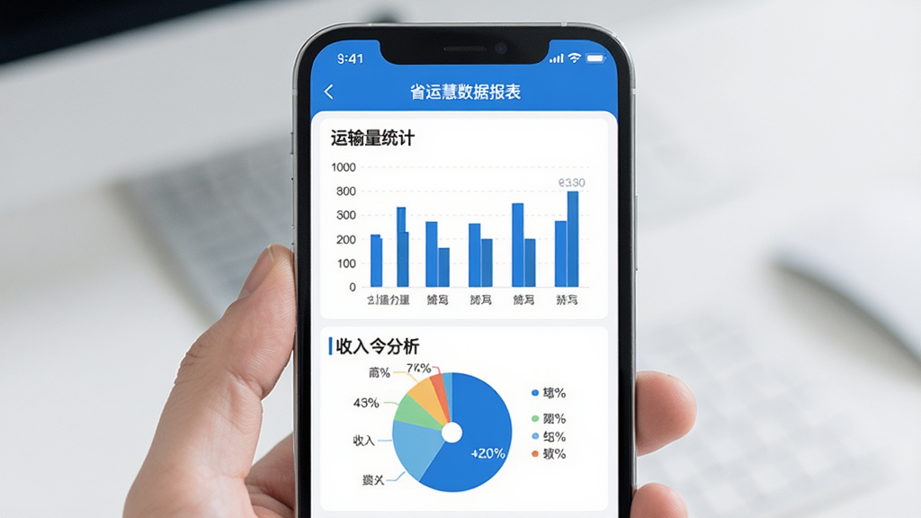省运慧数据报表界面,手机屏幕展示柱状图和饼状图,包含运输量统计和收入分析,界面专业,蓝白配色,数据可视化风格,画质清晰,干净,无多余元素