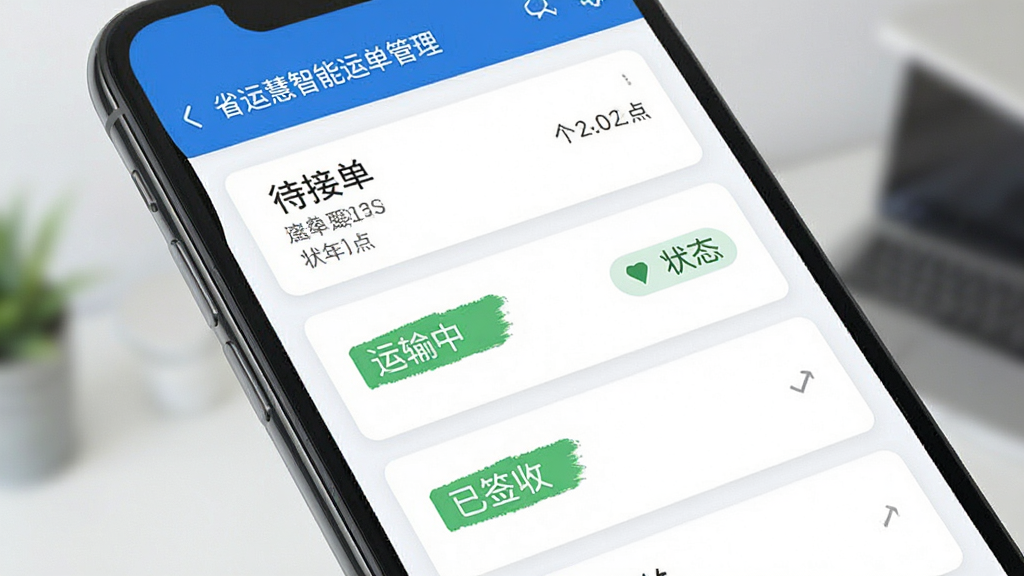 省运慧智能运单管理界面,手机屏幕展示运单列表和状态标签,包含待接单、运输中、已签收等状态,界面简洁,卡片式布局,蓝白配色,画质清晰,干净,无多余元素