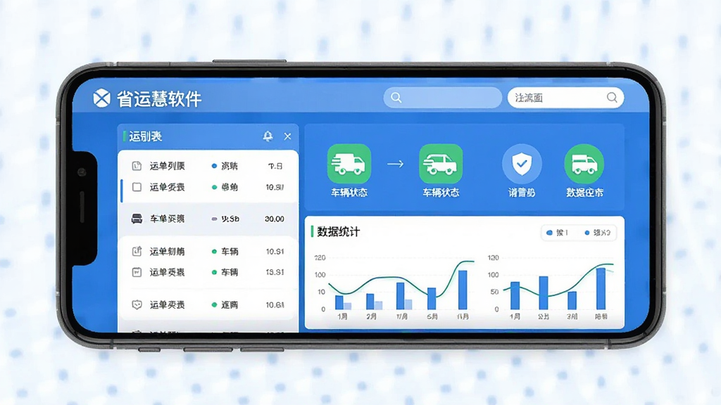 省运慧软件主界面展示,手机屏幕中显示物流运输管理仪表盘,包含运单列表、车辆状态图标、数据统计图表,布局清晰,蓝白配色,扁平化设计风格,画质清晰,干净,无多余元素