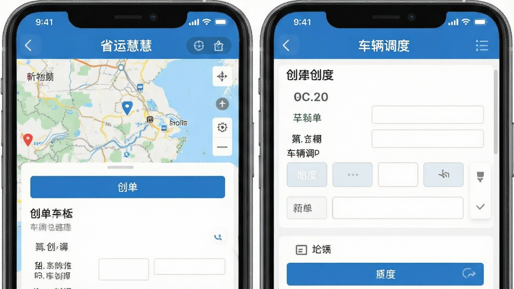 省运慧手机端操作界面,展示运单创建和车辆调度页面,包含地图和表单元素,界面清晰,蓝白配色,扁平化风格,画质清晰,干净,无多余元素