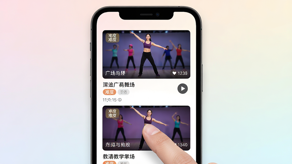 广场舞教学免费软件中的视频列表页面,手机屏幕特写展示整齐排列的舞蹈教学视频封面,封面包含舞曲名称与难度标签,背景是柔和的浅色渐变,主体为手机界面与手指点击动作,布局为居中构图,风格现代简约,细节包括视频时长、播放按钮、分类标签等,画质高清,界面干净,无多余装饰元素