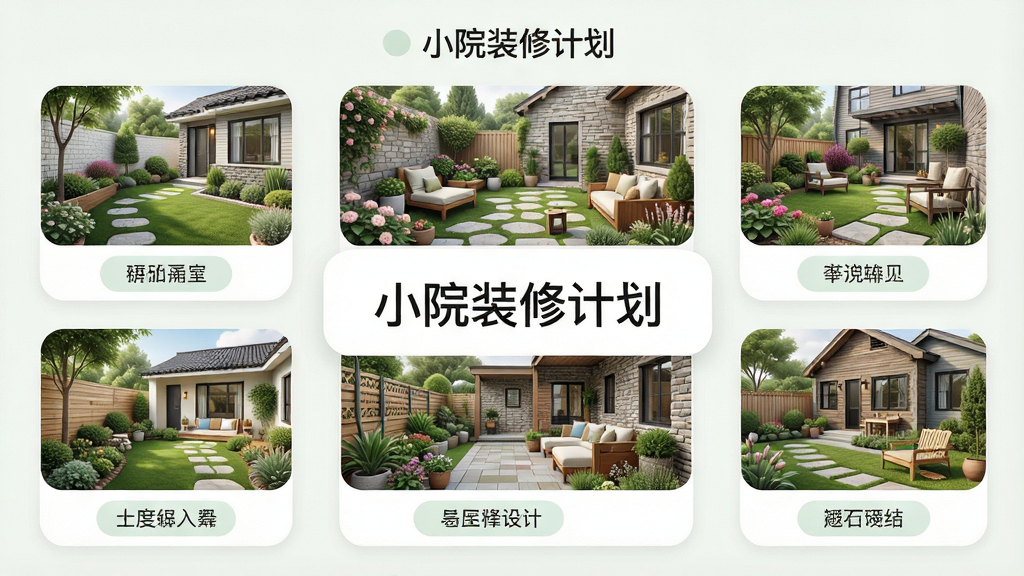 一张展示小院装修计划模板方案选择界面的图片,画面中排列着多张不同风格的庭院效果缩略图,每张图下方有风格标签,界面设计柔和圆角,风格清新浅色,细节清晰,画质干净,图片中包含文字“小院装修计划”