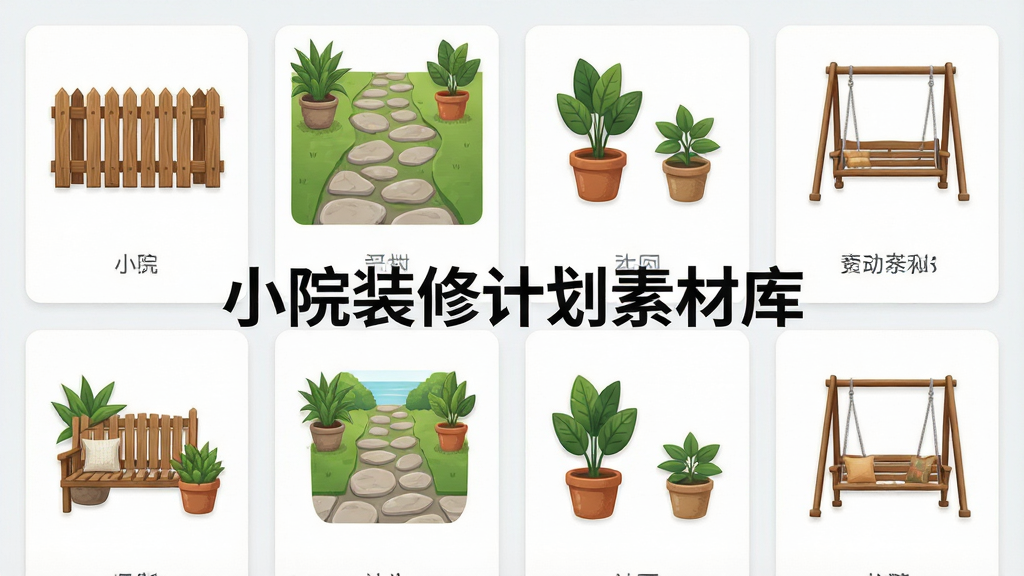 一张展示小院装修计划素材库界面的图片,画面中整齐排列着各种庭院元素图标,包括木质围栏、石板小径、盆栽绿植、户外秋千等,界面采用卡片式布局,风格清新简洁,细节精致,画质清晰,干净无杂乱元素,图片中央带有文字“小院装修计划素材库”