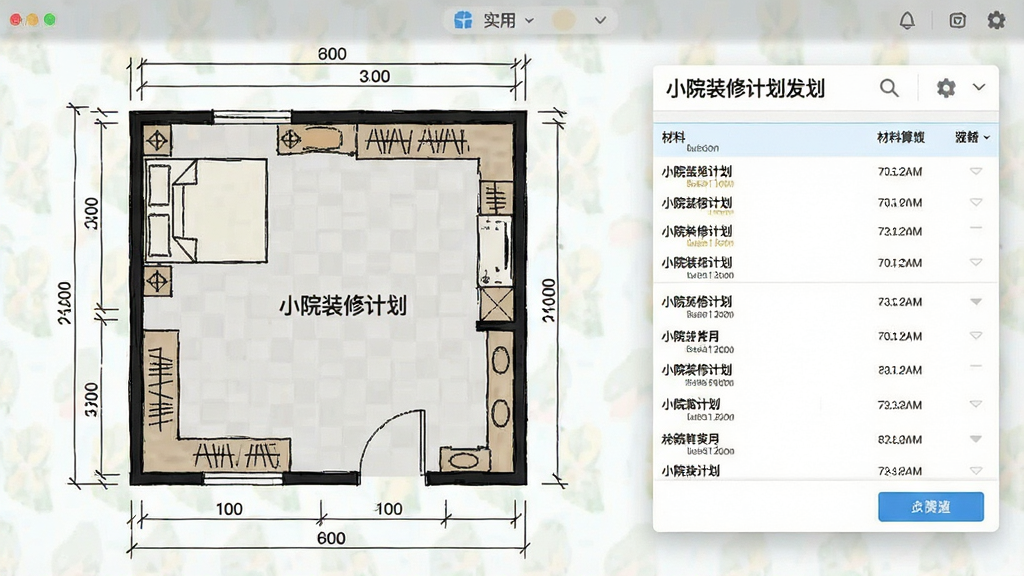 一张展示小院装修计划尺寸标注与材料估算功能的界面截图,画面中院子平面图上标注了尺寸线条和数字,旁边弹出材料估算清单,风格为实用工具界面,细节清晰,画质干净,无多余元素,图片中带有“小院装修计划”文字