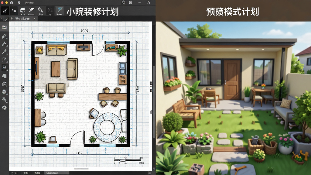 一张展示小院装修计划平面布局与预览模式的对比图,左侧是网格画布上的平面布局,右侧是带有色彩和光影的预览效果图,画面中包含小院装修计划软件名称文字,风格为产品功能展示,细节丰富,画质干净清晰